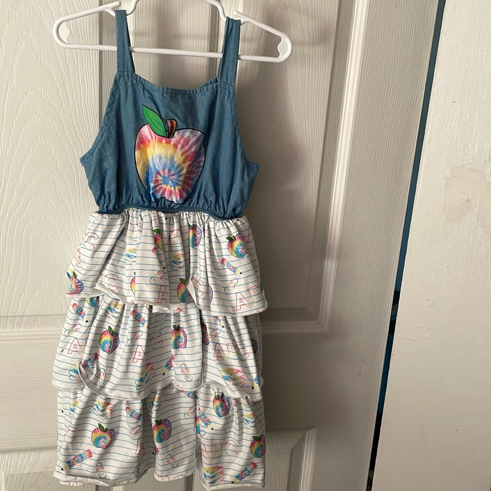 Sparkle in Pink- girl dress, tie dye apple, back to school, half denim, 6/7 FIT